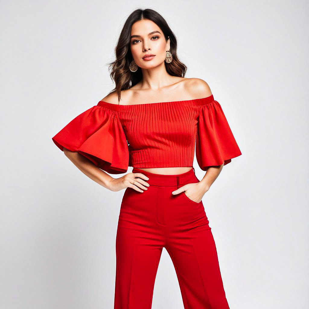 Confident Woman in Red Off-Shoulder Crop Top and High-Waisted Pants Confident Woman in Red Off-Shoulder Crop Top and High-Waisted Pants