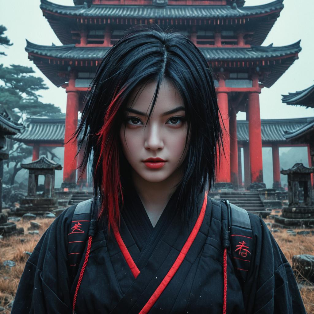 Modern Woman in Traditional Japanese Kimono in Front of Ancient Temple