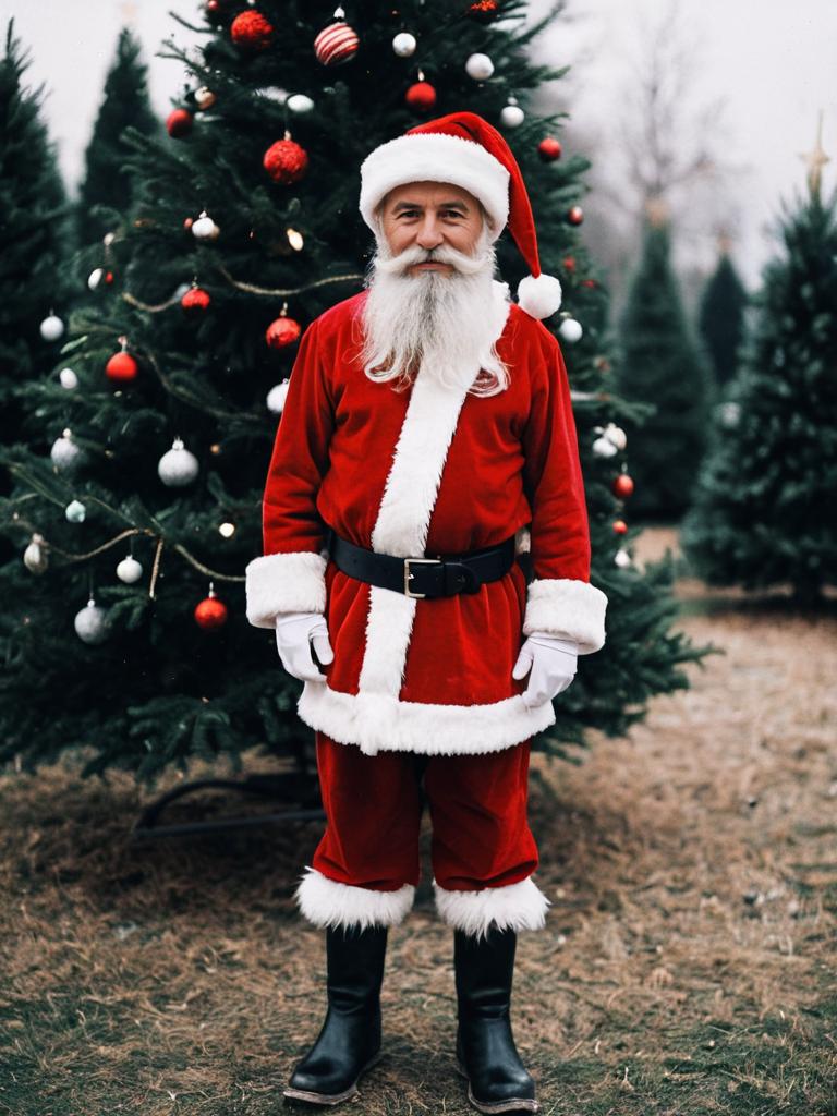 Classic Santa Claus in Red Suit Standing by Decorated Christmas Tree Outdoors