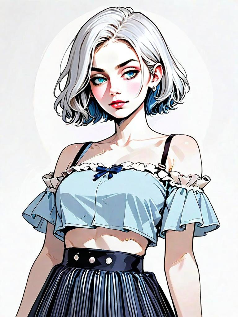 Stylized Anime Girl with Silver Hair in Blue Crop Top and Black Skirt