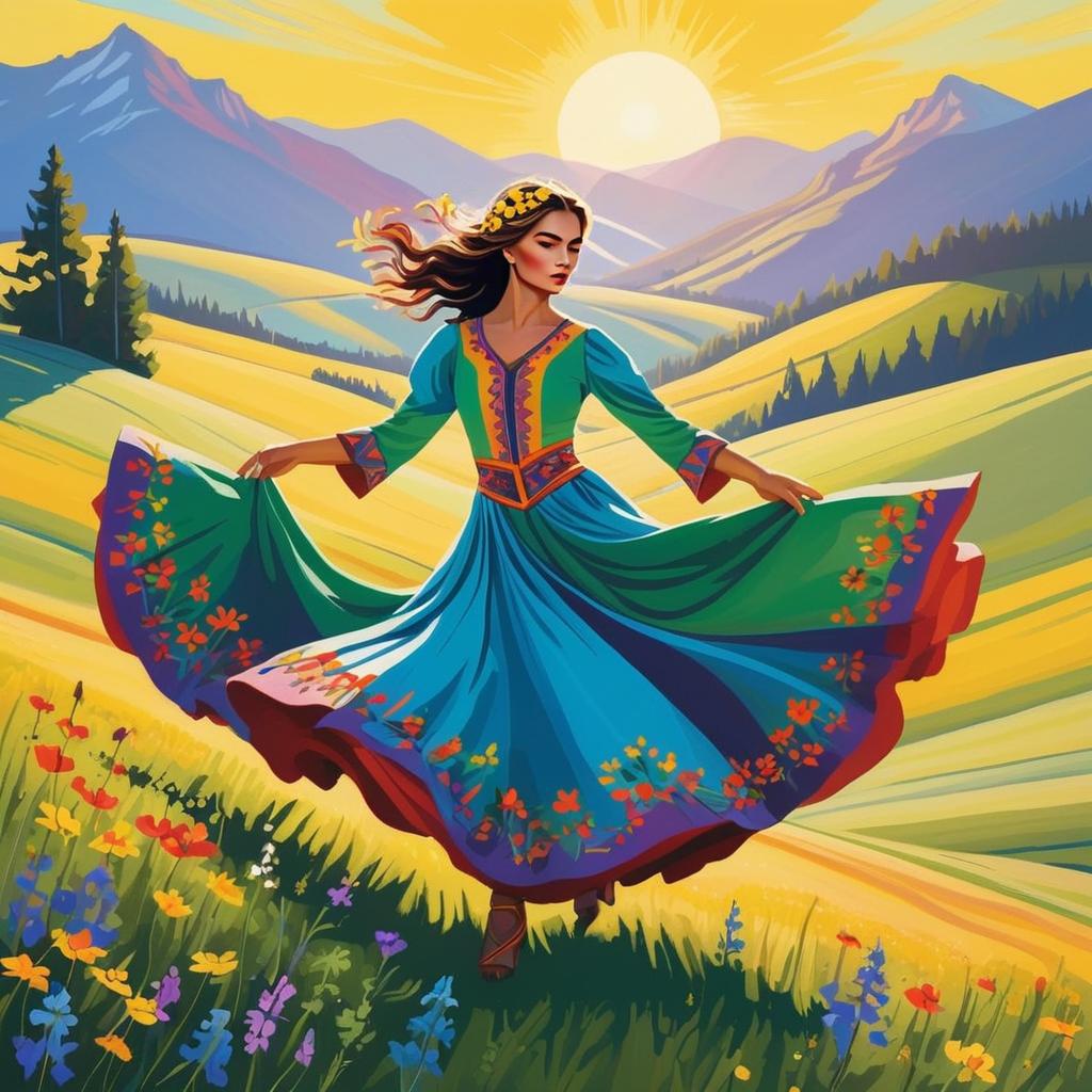 Woman Twirling in Colorful Dress Against Scenic Landscape Woman Twirling in Colorful Dress Against Scenic Landscape