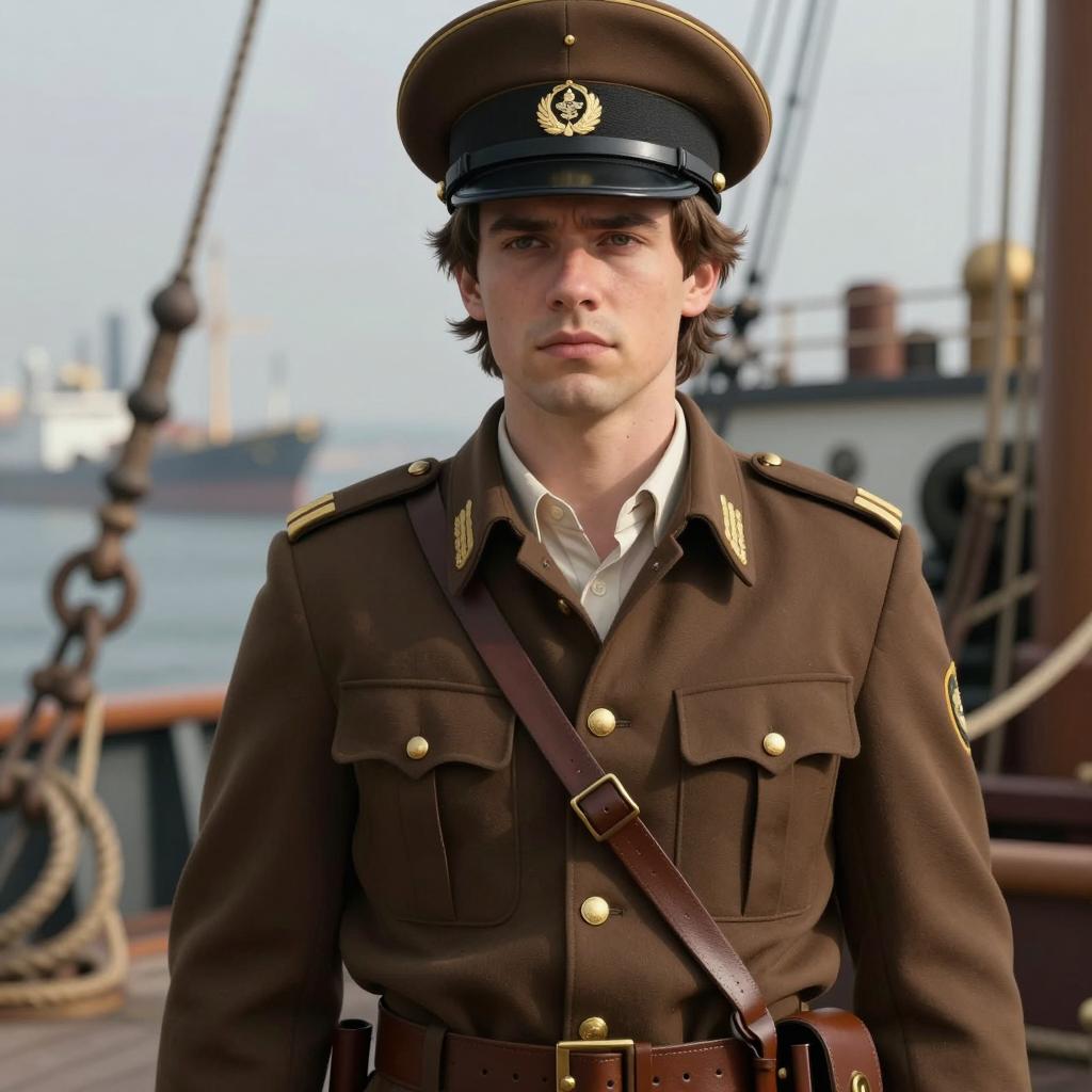 Young Man in Vintage Military Uniform on Ship Deck