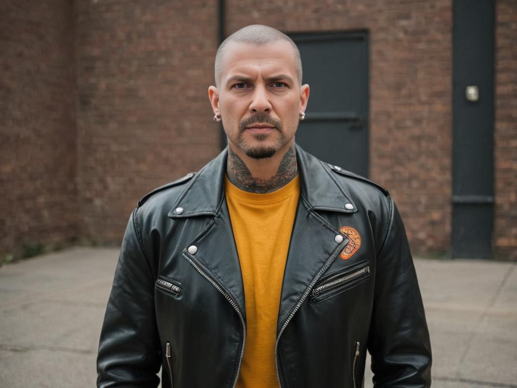 Man in Yellow Shirt and Black Leather Jacket Against Brick Building