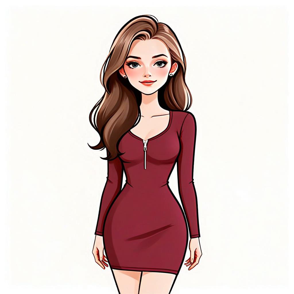 Stylish Woman in Maroon Bodycon Dress with Long Hair Illustration