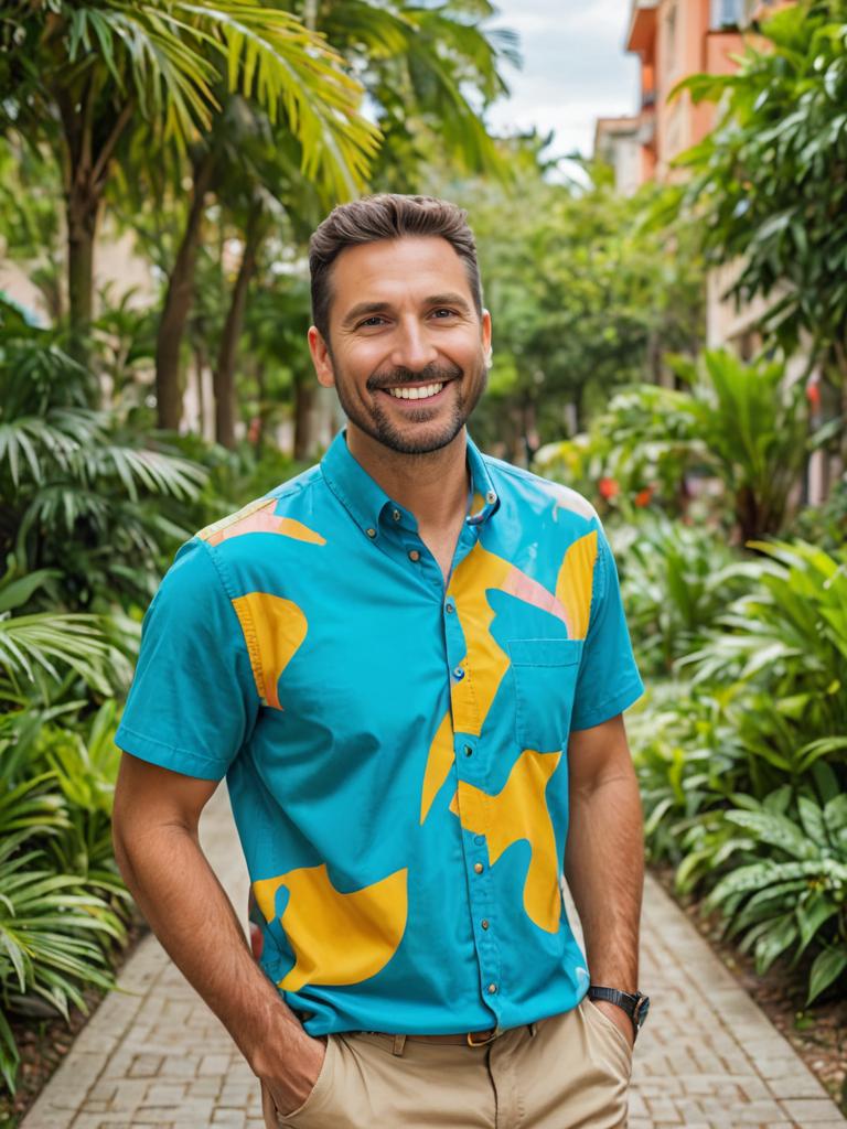 Happy man in vibrant blue and yellow shirt outdoors