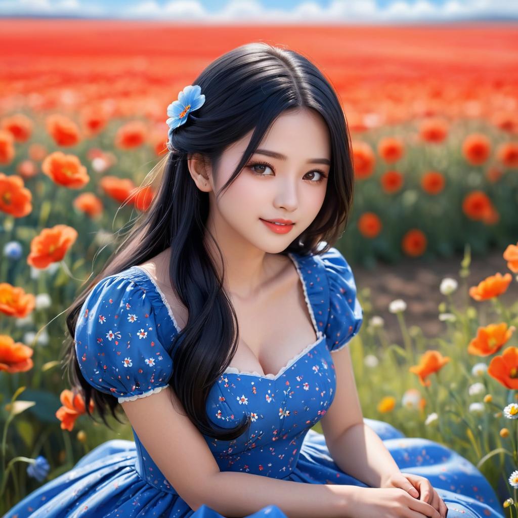 Portrait of Woman in Blue Dress Sitting in Vibrant Orange Poppy Field