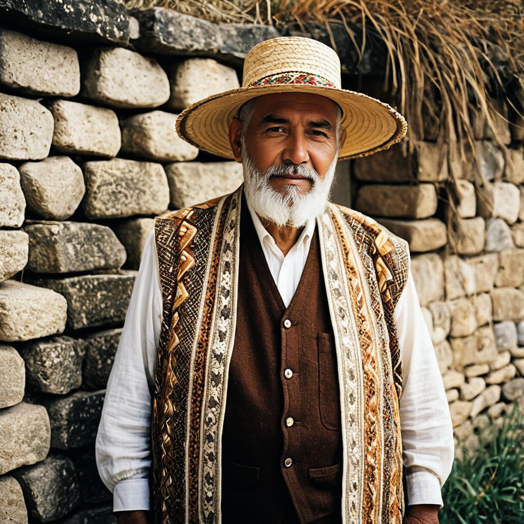 Elderly Man Wearing Traditional Outfit and Straw Hat Against Stone Wall