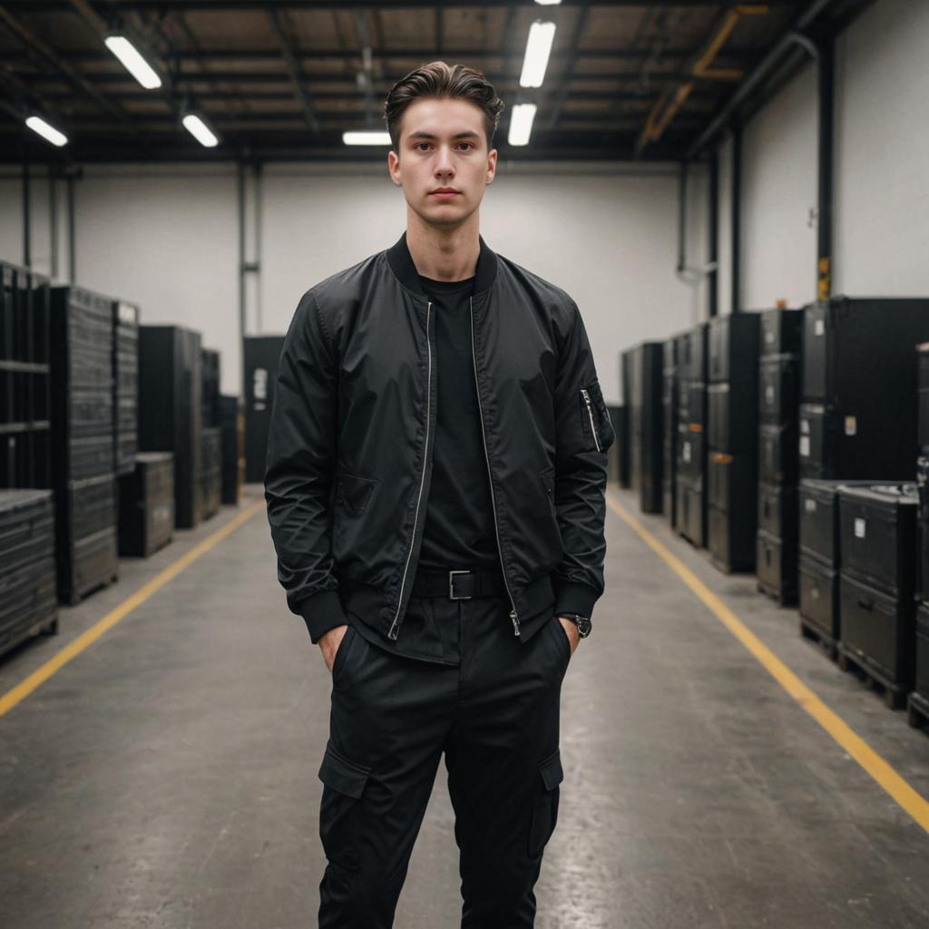 Man in Black Outfit in Industrial Setting