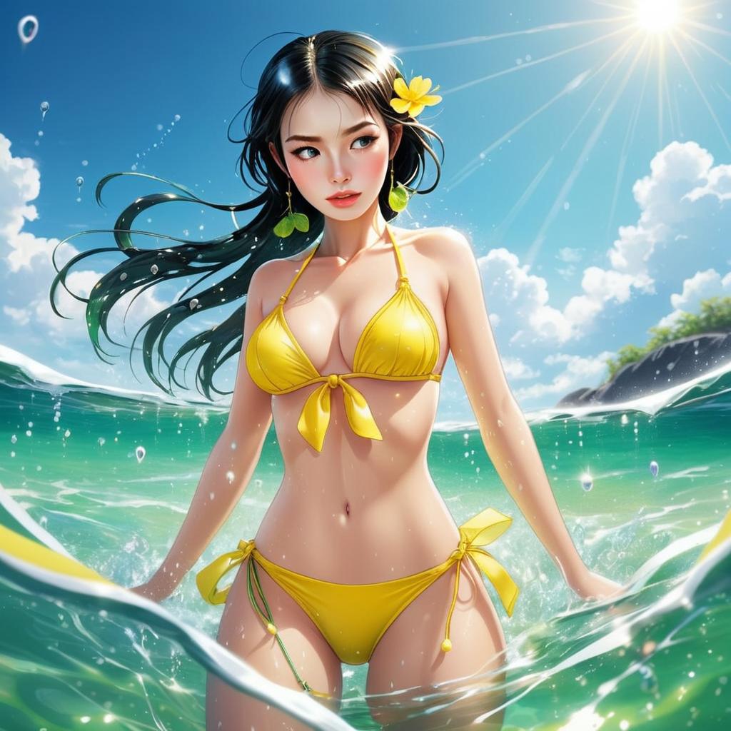 Anime Style Woman in Yellow Bikini Standing in Ocean Water