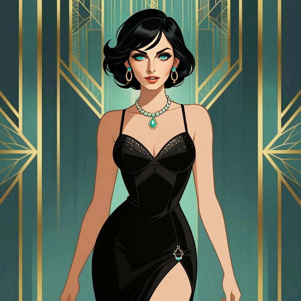 Elegant Woman in Black Evening Gown with Art Deco Background