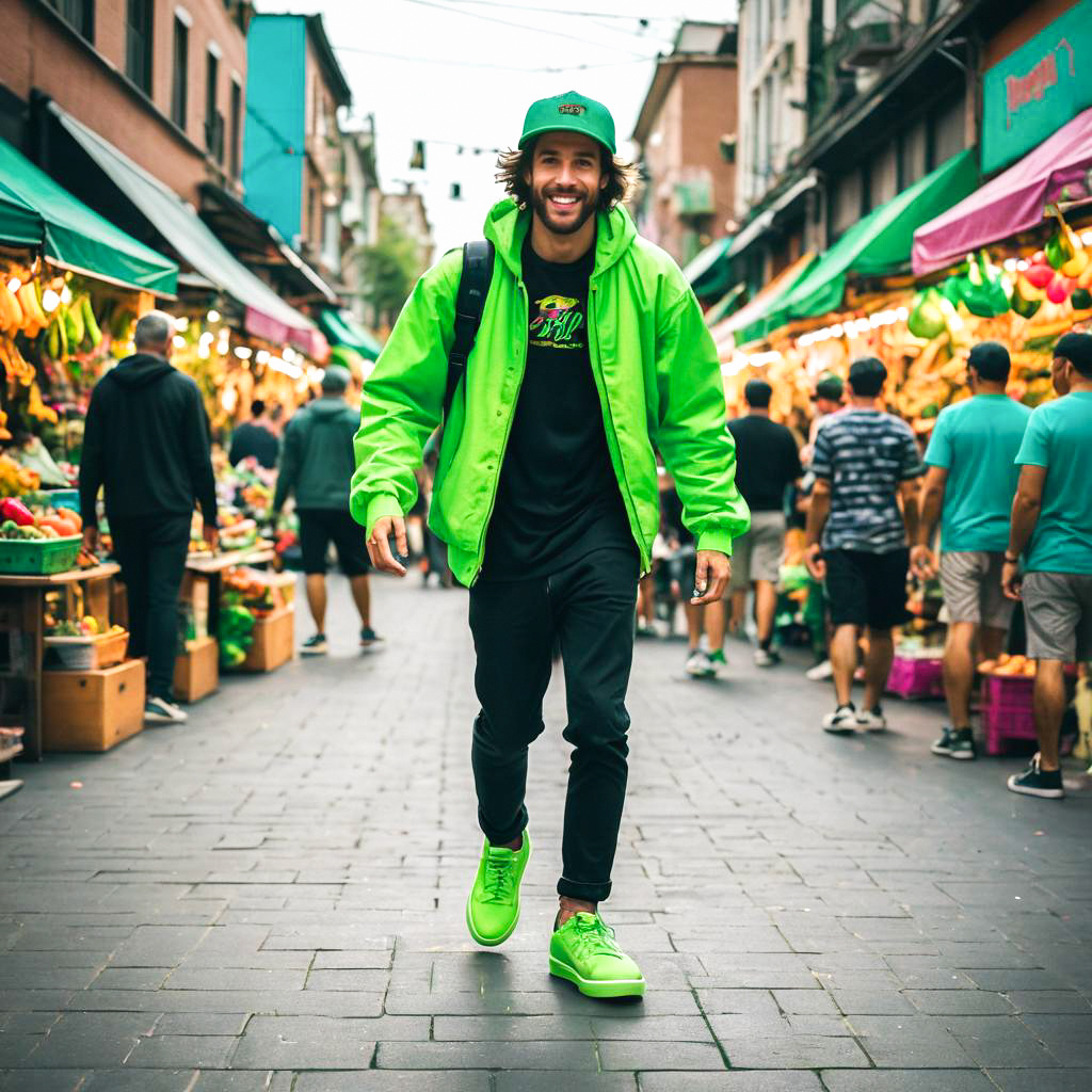 Cheerful man in green jacket at a vibrant market