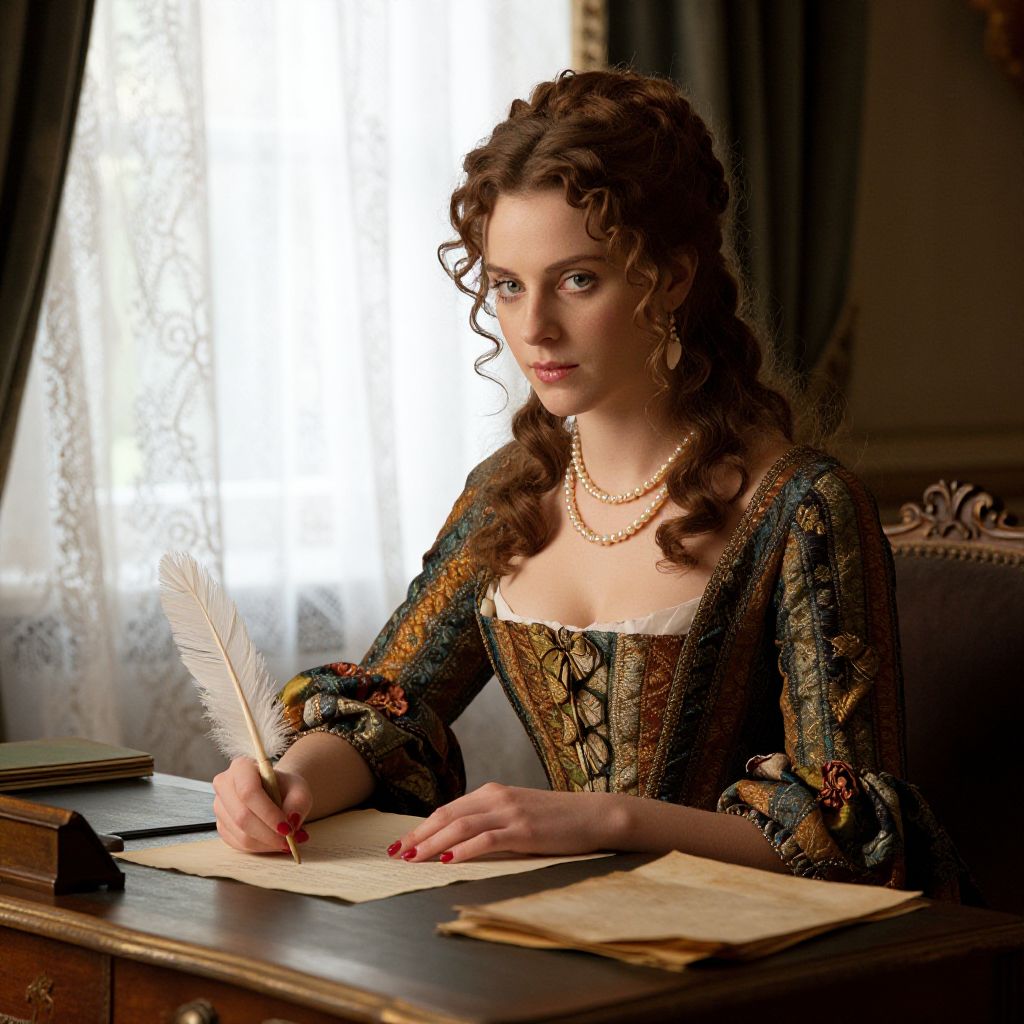 18th Century Woman Writing with Feather Quill in Vintage Room