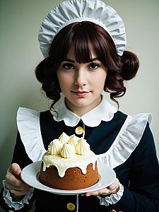 Realistic Photo of Woman in Charlotte Pudding Cosplay Costume Holding Cake