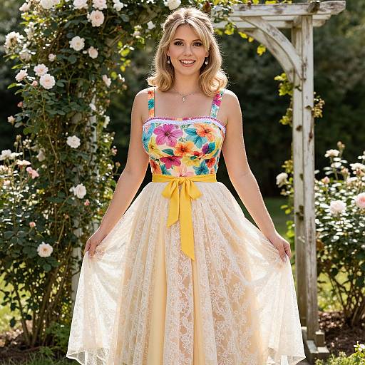 Woman in Vintage Floral Dress in Blooming Rose Garden