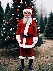 Classic Santa Claus in Red Suit Standing by Decorated Christmas Tree Outdoors