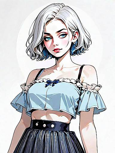 Stylized Anime Girl with Silver Hair in Blue Crop Top and Black Skirt