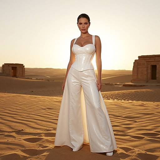 Woman in White Corset and Wide-Leg Pants Fashion Desert Sunset