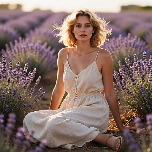 Blonde Woman Sitting in Lavender Field at Sunset