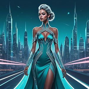 Futuristic Woman in Metallic Teal Gown Against Neon City Skyline