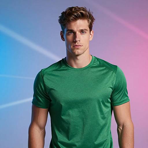 Young Man in Green Athletic T-shirt with Colorful Gradient Background