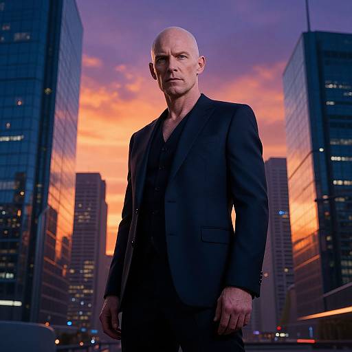 Confident Bald Man in Dark Suit at Sunset Urban Skyline