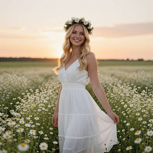 Young Woman in White Dress with Flower Crown in Daisy Field at Sunset