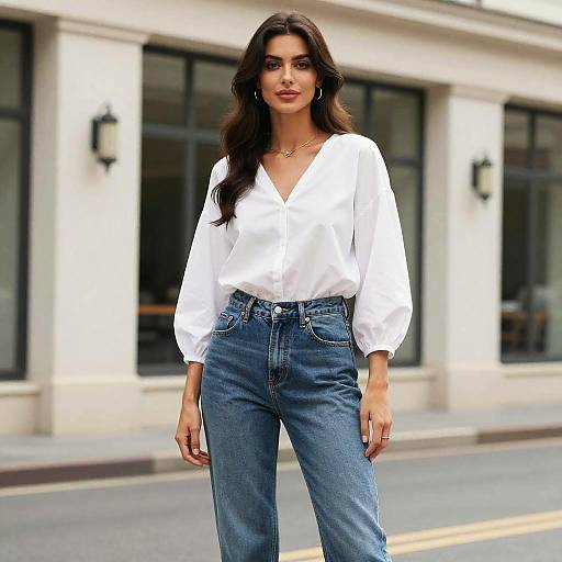 Organic Designer Clothes Woman in White Blouse and Blue Jeans Standing Outdoors
