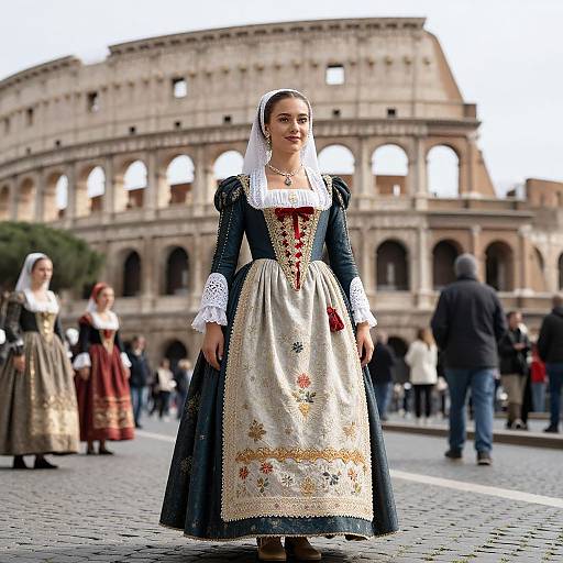 Woman in Renaissance Costume Near Colosseum Rome