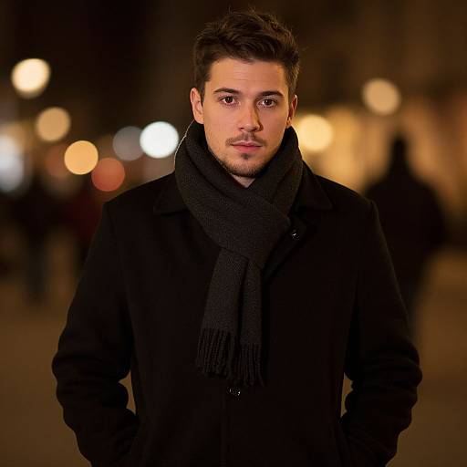 Young Man Wearing Black Coat and Scarf in Nighttime Bokeh Light Setting