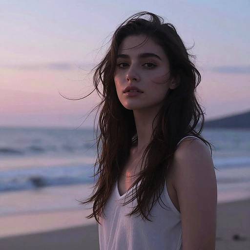 Young Woman on Beach at Sunset with Calm Expression