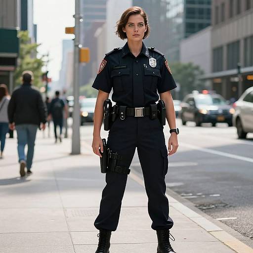 Confident Female Police Officer Standing on City Sidewalk in Uniform