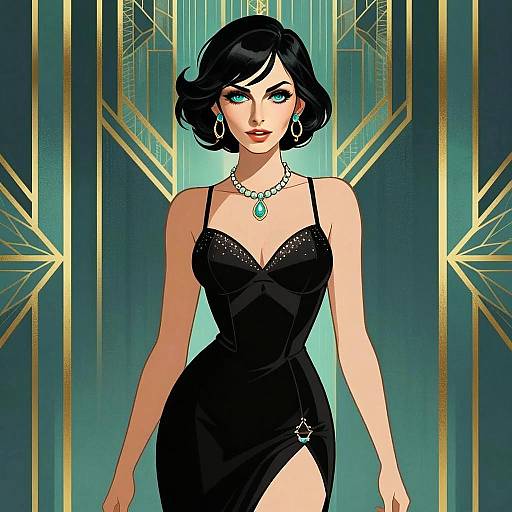 Elegant Woman in Black Evening Gown with Art Deco Background