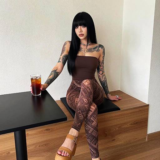 Tattooed Woman in Brown Outfit Sitting with Iced Drink