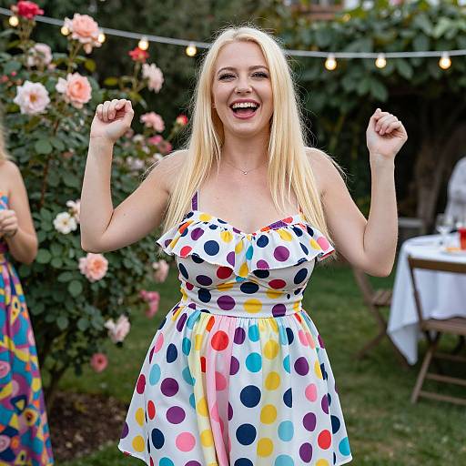 Happy Woman in Colorful Polka Dot Dress Celebrating in Garden