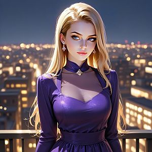 Elegant Woman in Purple Gown at Dusk