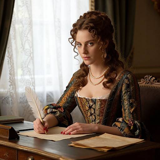 18th Century Woman Writing with Feather Quill in Vintage Room