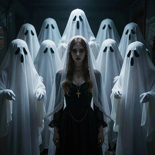 Gothic Woman Surrounded by Classic Ghosts in Dark Hallway