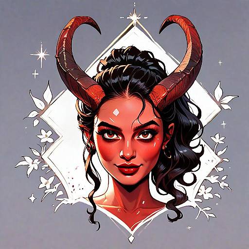 Digital Fantasy Woman Portrait with Horns in Comic Book Style