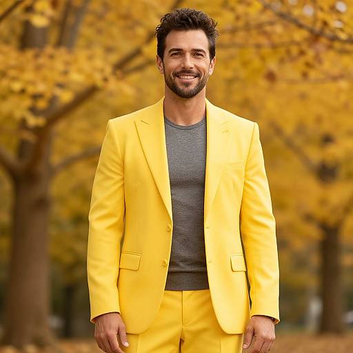 Man in Yellow Suit Standing Outdoors Among Autumn Trees