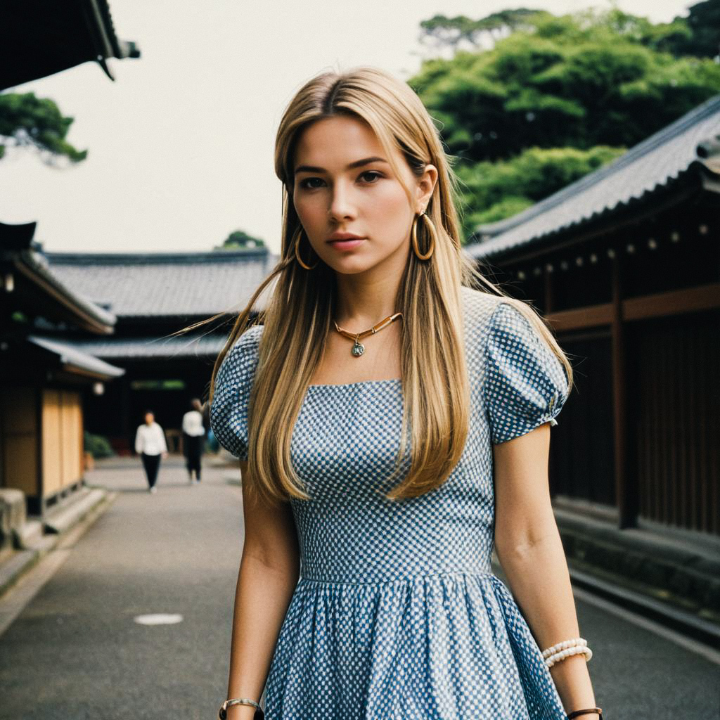 Confident Young Woman in Blue Dress on Traditional Street