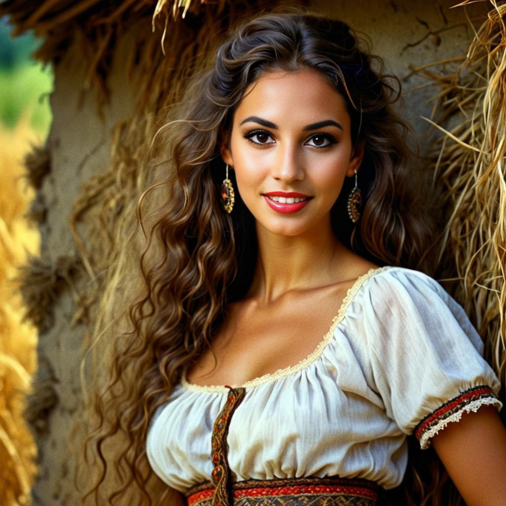 Elegant Woman in Traditional Attire Against Rustic Backdrop