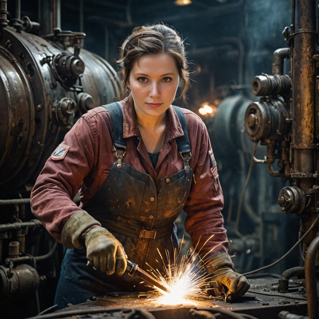 Woman Engaged in Metalwork Amidst Industrial Surroundings