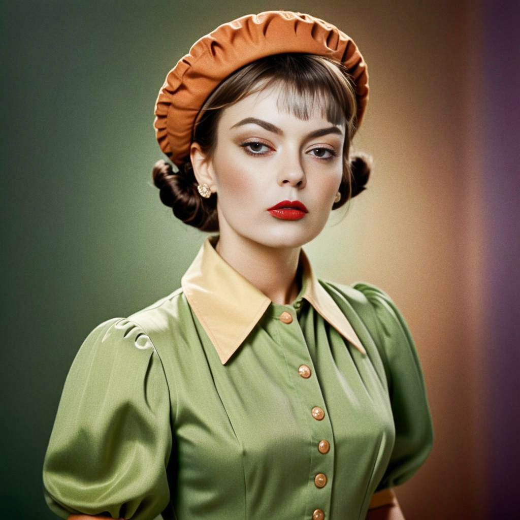 Elegant Woman in Vintage Green Blouse and Orange Hat