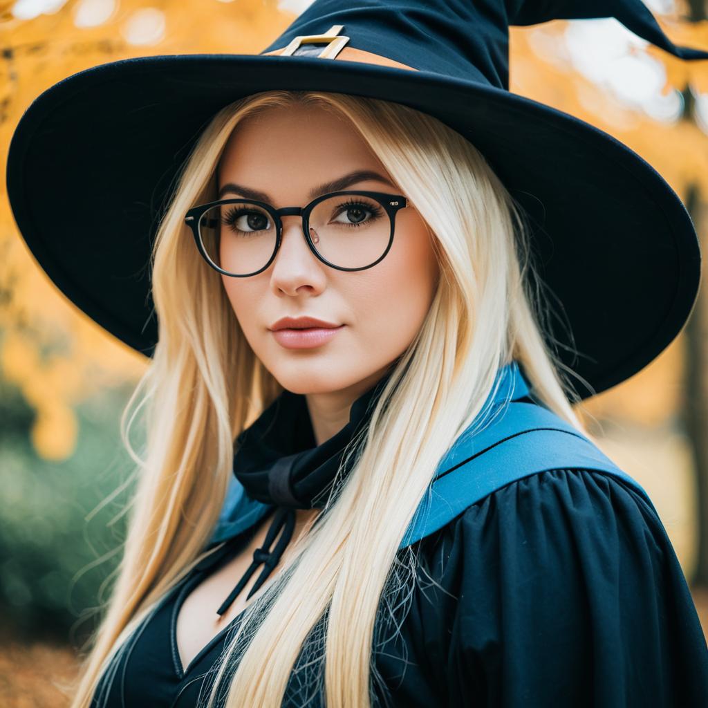 Blonde Woman in Witch Hat and Glasses Autumn Portrait