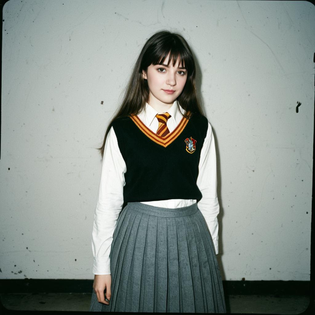 Portrait of Young Woman in Classic School Uniform with Pleated Skirt and Crest Vest