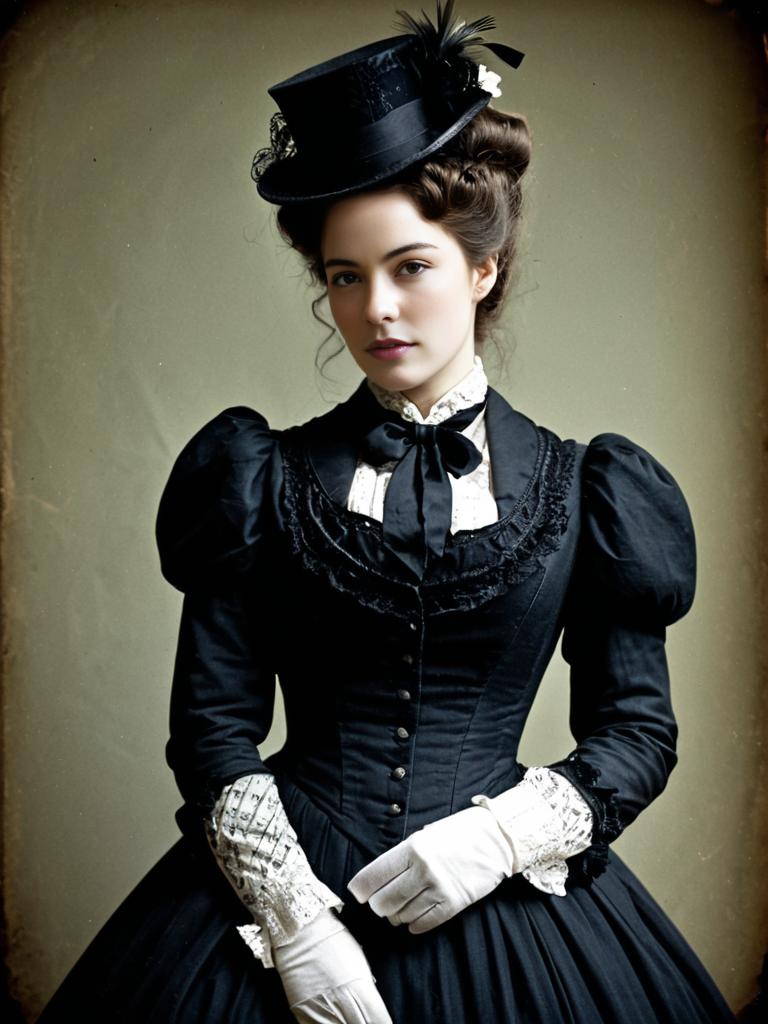 Victorian Woman in Black Dress and Hat Vintage Style Portrait