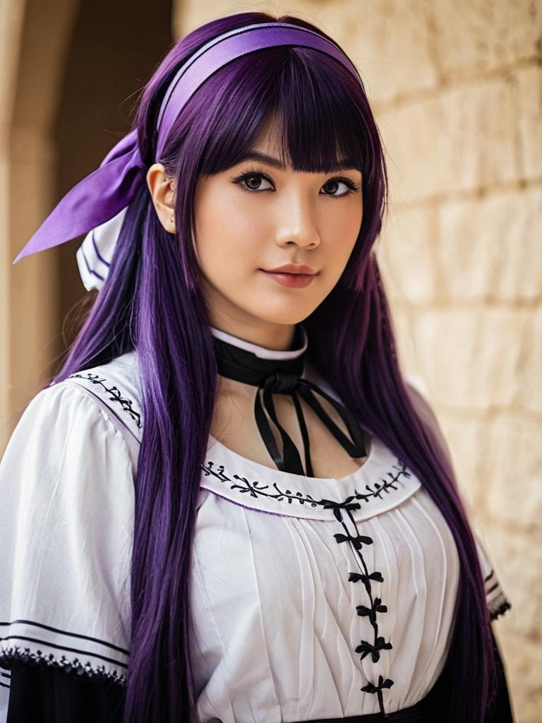 Portrait of Woman in Vintage Style Dress with Purple Hair and Headband