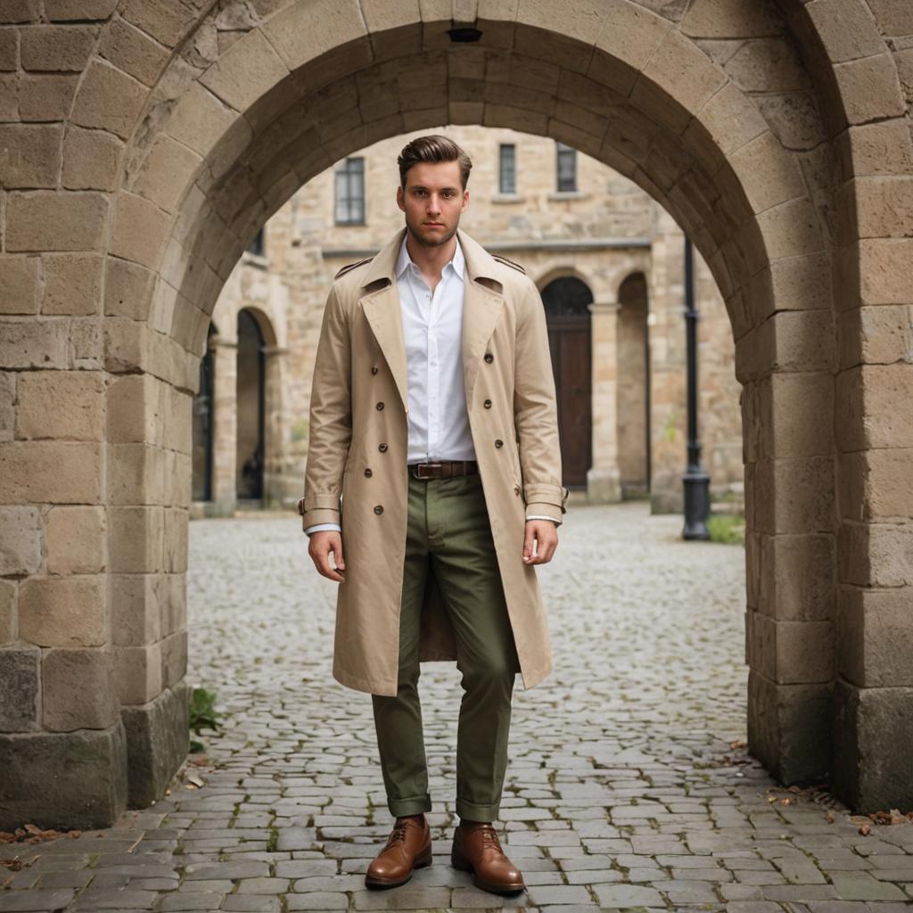 Confident Man in Trench Coat Under Archway