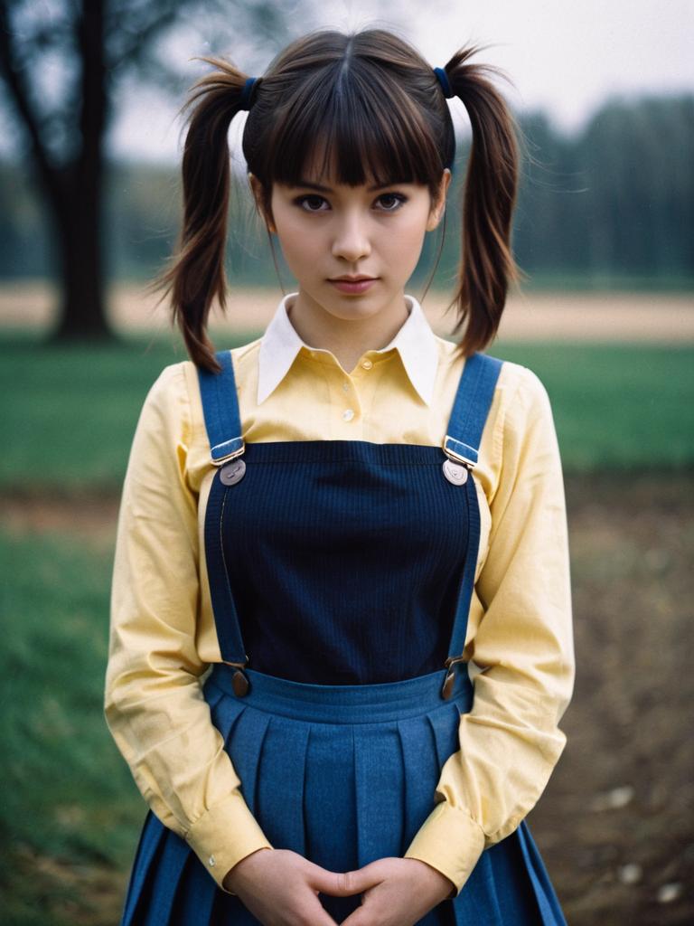 Young Woman in Vintage Pinafore Dress with Ponytails Outdoor Portrait