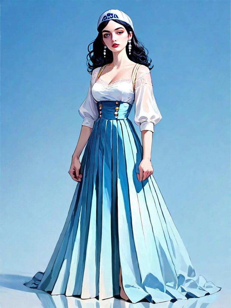 Realistic Comic Style Full Body Portrait of Woman in Classic Blue Dress